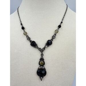 Vintage 2028 Signed Black Grey Gunmetal Crystal  Dangle Drop Pendant Necklace